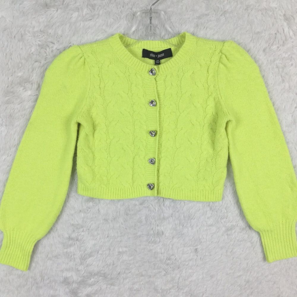 Chloe‎ + Jasmine Girls Sweater Crop Cardigan Ribbed Knit Green Lime 5/6 New